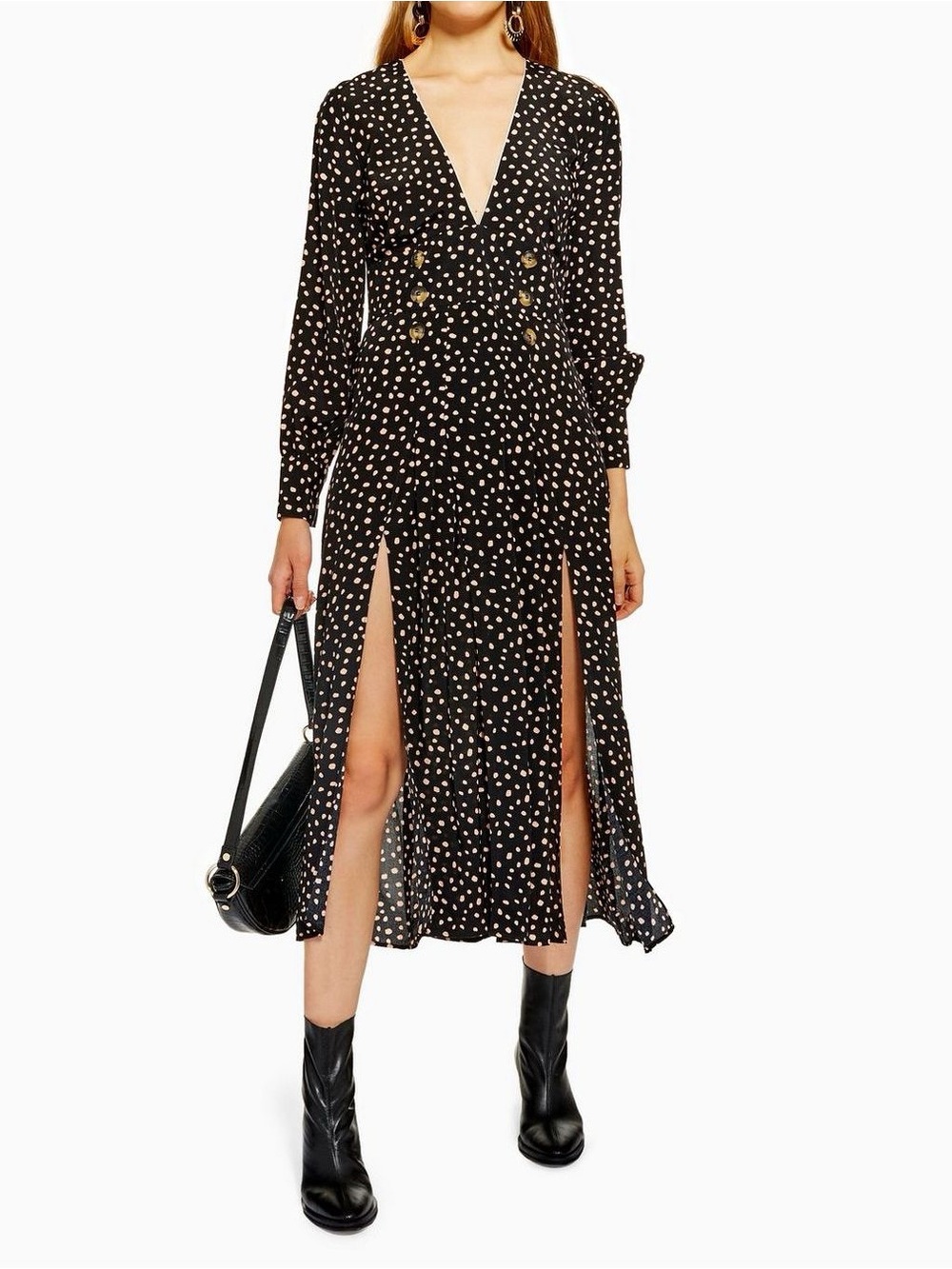 Topshop Midi Dress Womens 4 Black Spotted Button Front Double Slit Long Sleeve